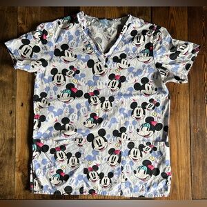 DISNEY • Mickey & Minnie Mouse nurse scrub top vneck fun graphic pattern peds